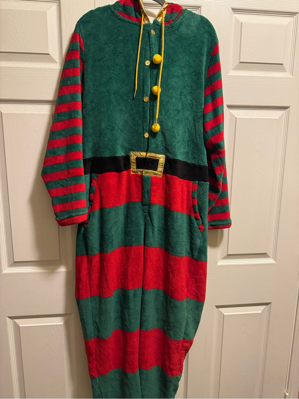 Holiday Time Men’s Elf Onesie Costume in Green and Red with Belt Accent